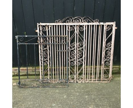 A pair of pink painted iron gates, 110 x 124cm, together with another gate 