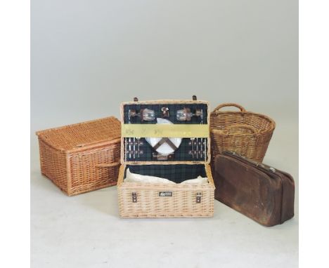 A hamper by 'Regency Hampers', 51cm, together with another larger, a wicker basket and a leather case 