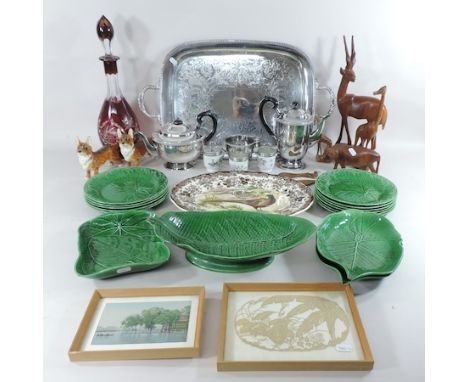 Two boxes to include silver plated part tea service, together with egg cups, a decanter, various carved animals, two Goebel d