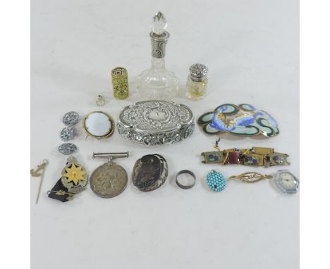 A collection of costume jewellery, together with silver top scent bottles, trinket box, an enamel buckle and a World War II m