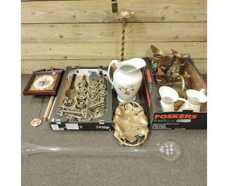 A shelf of metalwares, to include enamel jugs, together with a box of horse brasses, stirrups, bits etc, a wall clock, 38cm t