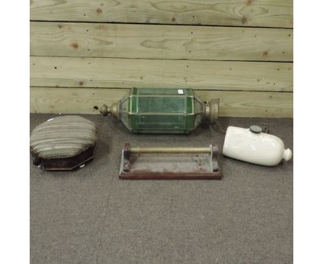 A brass mounted green glass lantern, 54cm tall, together with a Victorian foot stool, a rack and a stoneware warmer