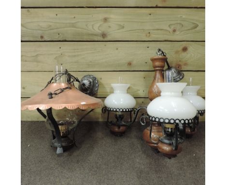 A three branch chandelier, with white glass shades, together with copper ceiling light, 55cm tall