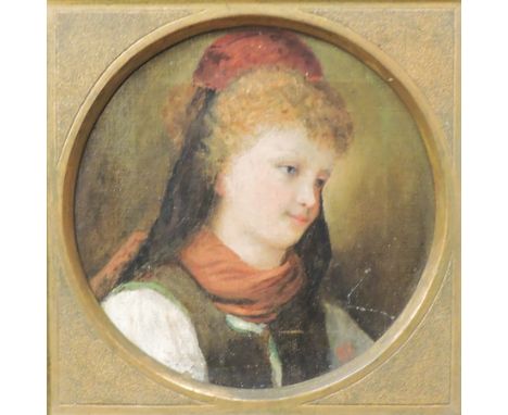 Continental school, portrait of a girl in Turkish costume, signed with monogram, oil on canvas, 20 x 20cm 
