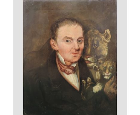 English School, 19th century, portrait of a gentleman with lions, oil on canvas, 61 x 51cm, unframed