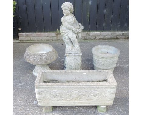 A reconstituted stone statue of a cherub, 95cm tall, together with a rectangular planter and two other planters