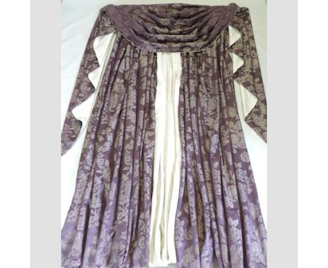 A pair of Mulberry purple floral curtains, approximately 275 x 150cm, and a matching drape