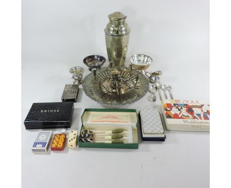 A Danish silver caddy spoon, together with various silver and plated items and games 