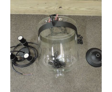 A modern glass and black painted metal hanging lantern, 26cm diameter 