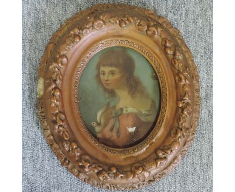 Continental School, 19th century, portrait of a girl with a dove, oil on metal, in an oval frame, 14 x 11cm