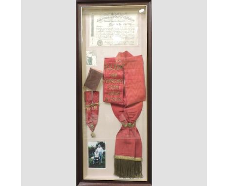 An order of The Buffalos sash, Sir Timothy Eden lodge, in a framed display, 92 x 38cm overall, together with two framed certi