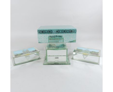 An Art Deco style mirrored jewellery box, 9.5cm, together with two French trinket boxes and another 