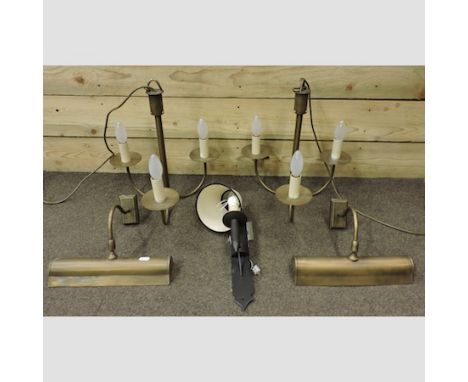 A pair of Jim Lawrence three branch chandeliers, approximately 29cm diameter, together with a pair of picture lights and a wa