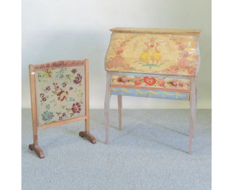 A Dutch floral painted bureau, 77cm, together with a light oak fire screen