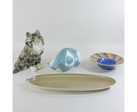 A Winstanley pottery cat, 23cm tall, together with a Poole dish, Rye pottery bull and studio pottery dish