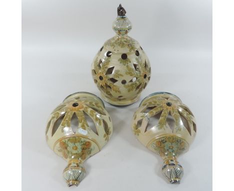 A pottery hanging lantern, 34cm tall, together with a pair of matching wall lights 