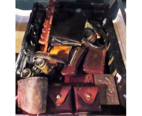 A quantity of miscellaneous items, to include: cased binoculars, WWI ammunition pouches, a hardwood pipe rack, a lady's leath