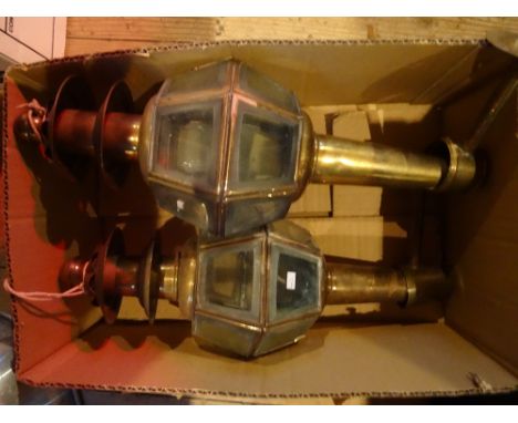 A pair of 19th century brass carriage lamps, each having hexagonal glass central section, 36cm.