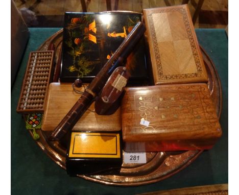 A Japanese hardwood Inro and associated leather cased pipe holder, together with two Oriental lacquered boxes, a Japanese aba