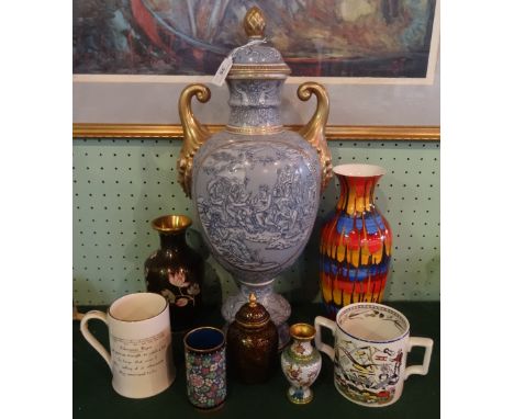 A large decorative twin handled urn and cover,having classical decoration with gilt finish (65cm), together with four items o