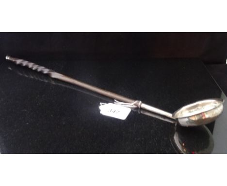 A white metal toddy ladle with wooden handle, 41cm.