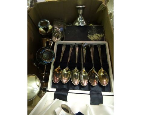 A quantity of cased silver plated flatware, goblets and other items, together with a pair of small silver candlesticks, a thr