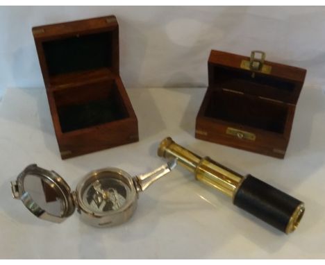 A miniature three draw brass telescope, marked Ross, London in fitted wooden case, together with a Stanley surveyors compass,