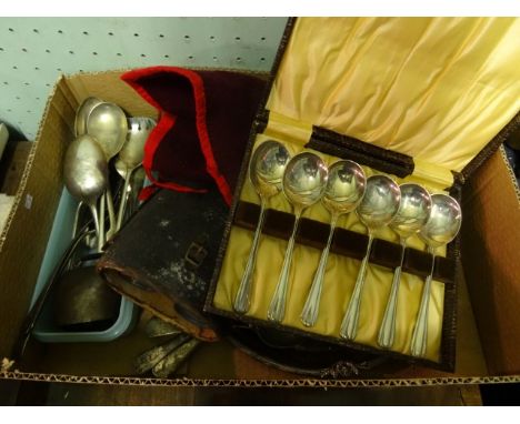 A box containing a quantity of silver plated flatware, a salver, a cased pair of field glasses and other items.