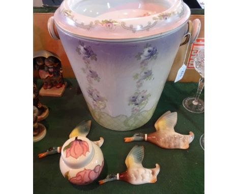A small Moorcroft ginger jar, together with a set of three ceramic flying ducks and a large Whieldon Ware slop bucket with fl