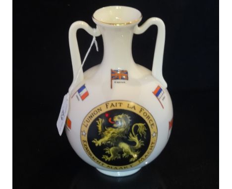 A W. H. Goss large twin handled vase, decorated with flags and armorial crest reading 'L'union Fait La Force, Eendracht Maakt