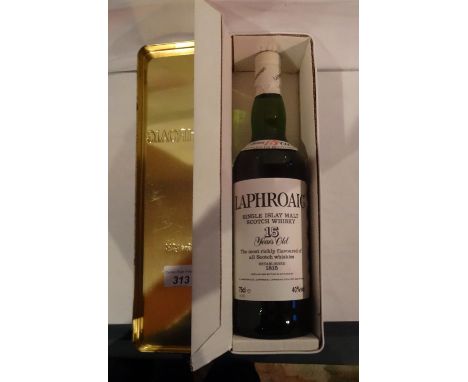 A cased bottle of Laphroaig Unblended Malt Scotch Whisky from the Isle of Islay, aged 15 years, 75cl (40% volume).