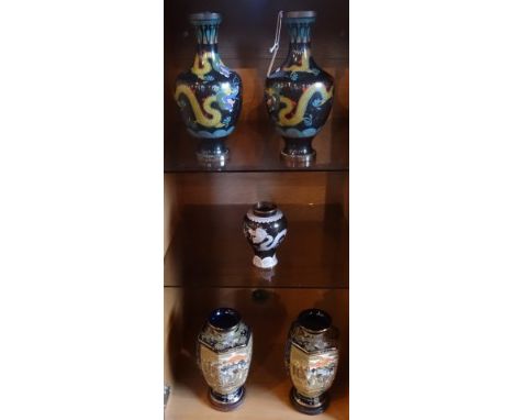 A pair of cloisonne vases, each with five clawed dragon decoration, 27cm, together with another smaller and a pair of 20th ce