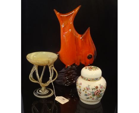 A large ceramic model of an orange Angel fish, marked Niagra-1974, together with a Coalport Ming Rose ginger jar and an art g