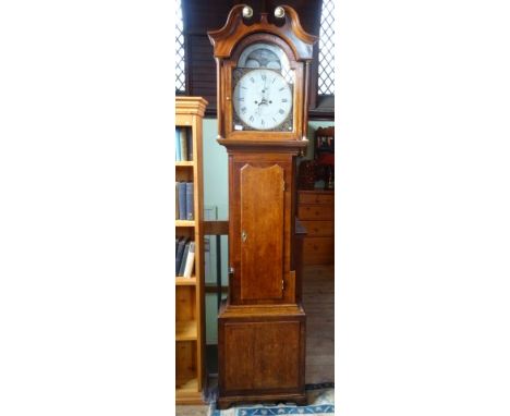 A George III oak and mahogany crossbanded eight day Moonroller longcase clock, the arched painted dial inscribed 'John Sawyer