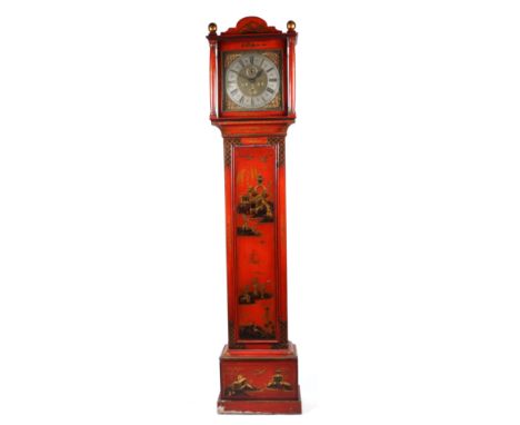 A longcase clock, the 30cm square brass dial with silvered chapter ring and Roman numerals, subsidiary seconds dial, date ape