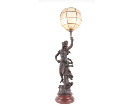 An Art Nouveau style spelter figural table lamp, 69cms high.