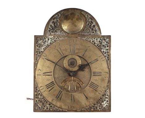 A late 18th century brass longcase face and movement, the 30cms square arched dial with brass chapter ring and Arabic and Rom