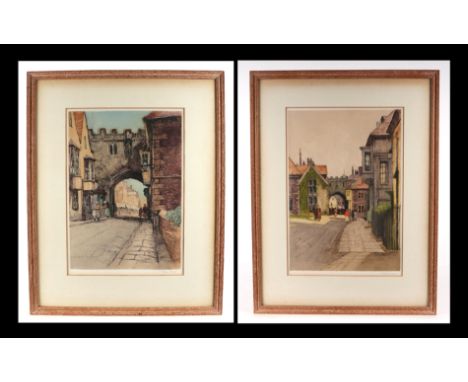 After William Tatton Winter RBA - The Close Gate Salisbury - coloured etching, signed in pencil to the margin; with it's comp