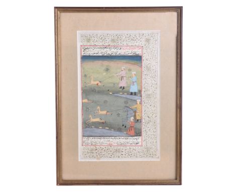 A Persian illuminated double sided manuscript page depicting a hunting scene and calligraphy, framed & glazed, 19 by 30cms. 