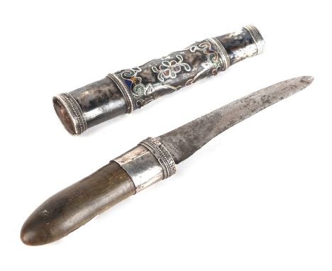 A 19th century Burmese Dha dagger with white metal mounted horn handle and white metal and enamel scabbard, overall 23.5cms l