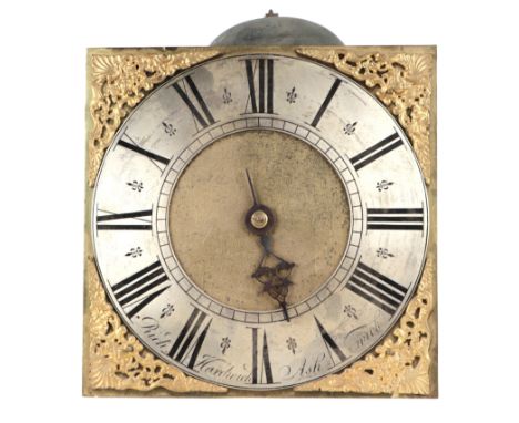 An 18th century brass longcase clock dial and movement, the 26cms square dial with silvered chapter ring and Roman numerals, 