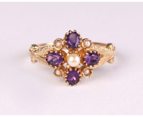 A 9ct gold amethyst and pearl ring, approx UK size O, 3g.