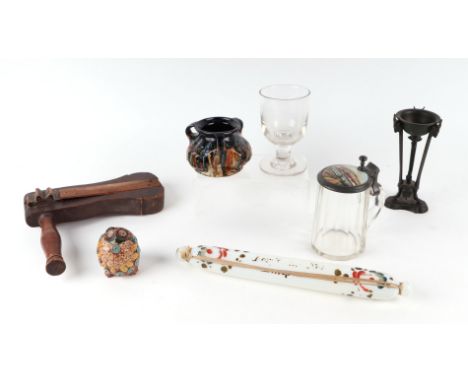 A Vintage wooden rook scarer; together with a hall lantern, a Victorian glass rolling pin, a Bretby vase and other items.