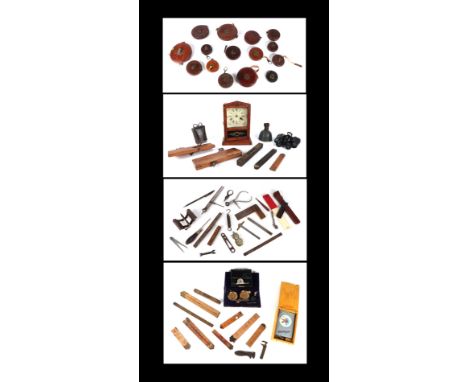A quantity of leather cased and similar measures; together with woodworking tools; scales and other items.