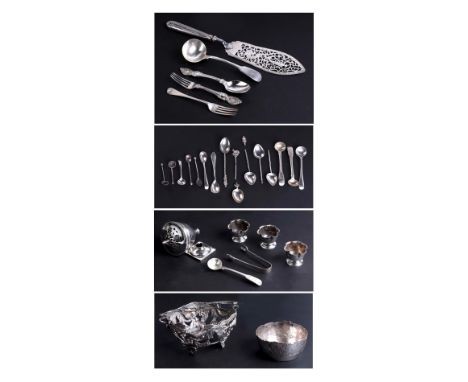 A Georgian silver sauce ladle; together with three silver salts; silver mustard and salt spoons; a pierced silver fish sliver