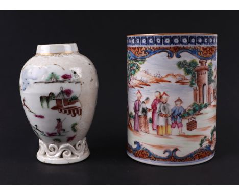 An 18th century Chinese Mandarin mug decorated with figures in landscapes within panels, 11cms high; together with an 18th ce