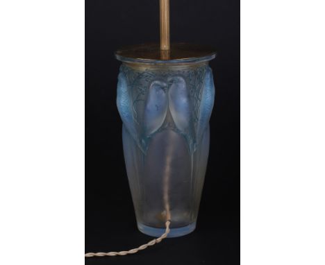 A Rene Lalique opalescent glass Celyan vase, converted to a table lamp (drilled 2.5cms above the lower rim), 24cms high exclu