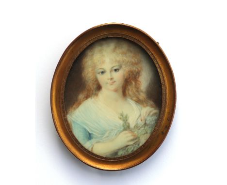 A 19th century oval portrait miniature on ivory depicting Mademoiselle Barsin (?), 5.5 by 6.5cms.  Ivory Submission reference