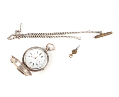 A continental white metal pocket watch, the white dial with Arabic and Roman numerals and subsidiary seconds dial, the case w