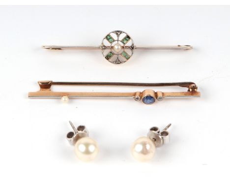 A yellow metal sapphire, diamond and pearl bar brooch; together with a yellow metal diamond, emerald and pearl bar brooch and